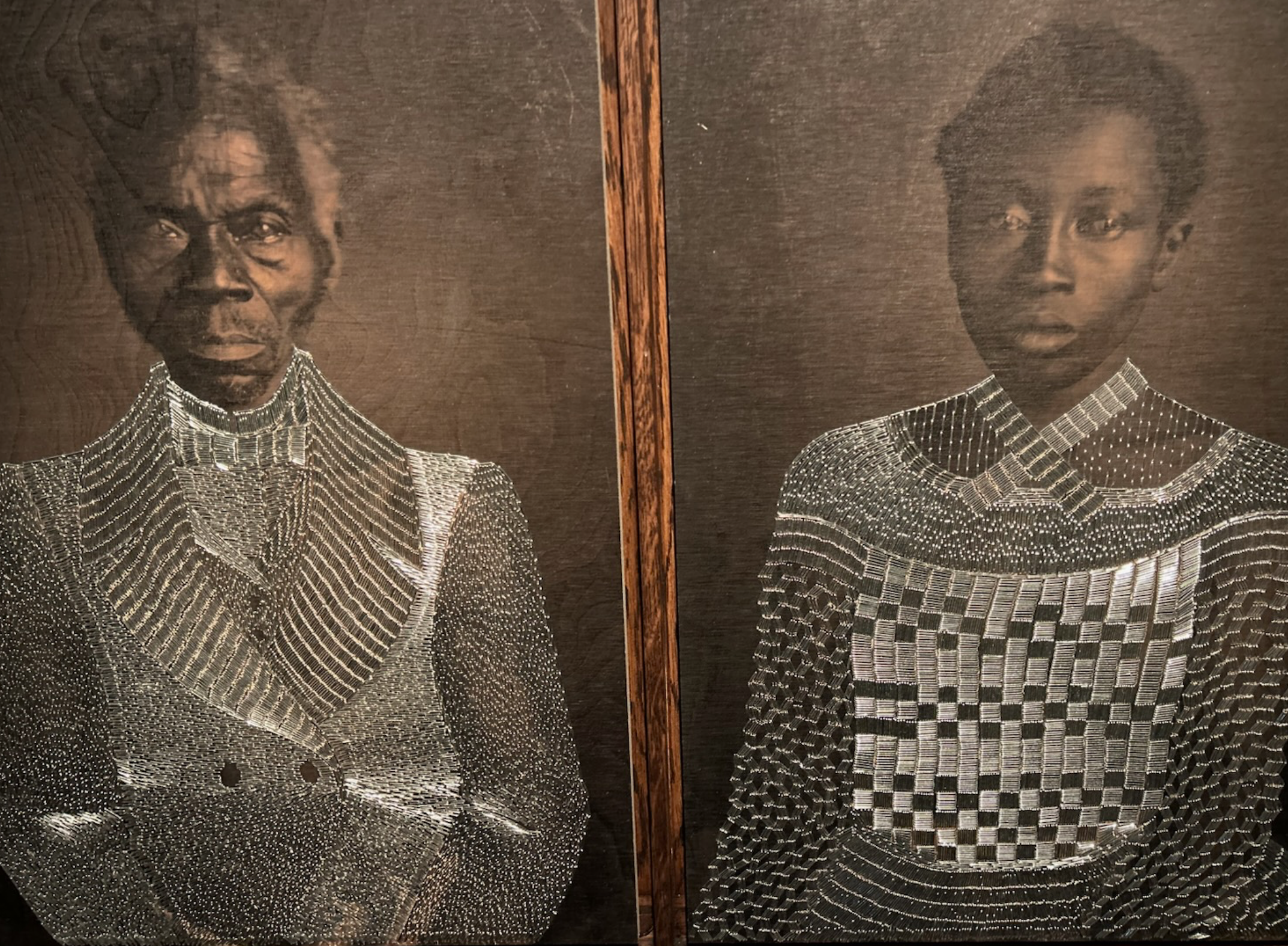 Archival photographs reproduced on wood with glimmering attires made of staples, Sasha Huber, Museum Rietberg